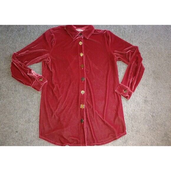 Soft Surroundings Velvet Velour Boyfriend Button Front Red Tunic Shirt Womens S - Picture 1 of 5